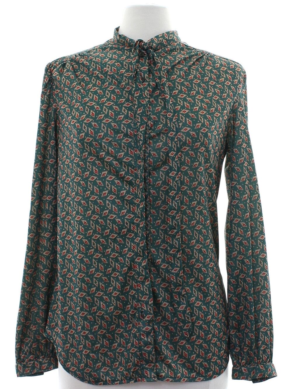 Vintage 70s Green Geometric Bow Tie Neck Polyester Blouse Women's Large